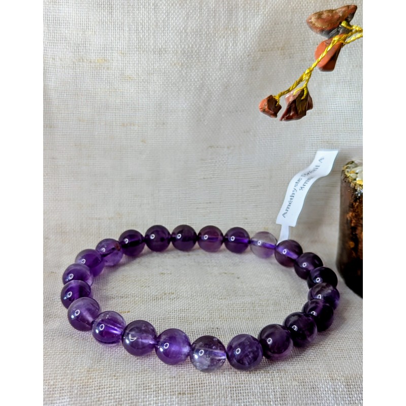 Bracelet Perles Améthyste Du Brésil – Acier Inoxydable, 5 Mm-8 Mm, Fermoir Mousqueton