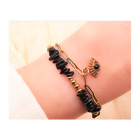 BRACELET HORUS DORÉ OBSIDIENNE NOIRE
